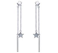 Pendientes Mujer Niña, Yumilok-Moda Pendientes Largo con Brillantes Circontias Estrellas Doble Colgante, S925 Plata de Ley