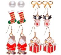 Pendientes Navideños, 6 Piezas Pendientes de Botón Navideños, Pendientes Navideños, Pendientes Colgantes Charms Papá Noel, Muñecos de Nieve árboles de Navidad, Adornos Navideños para Mujeres Niñas (D)