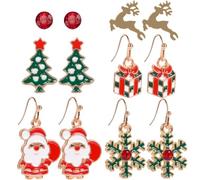 Pendientes Navideños, 6 Piezas Pendientes de Botón Navideños, Pendientes Navideños, Pendientes Colgantes Charms Papá Noel, Muñecos de Nieve árboles de Navidad, Adornos Navideños para Mujeres Niñas (A)