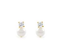 Pendientes Niña Oro Amarillo 18K Tu y Yo Perla Redonda 4 mm Circonita Brillo - Certificado Garantía - Mondepetit - 1651