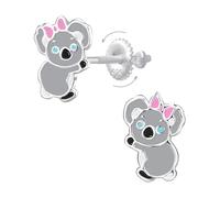 Pendientes niño koala gris con lazo rosa de plata 925 hipoalergénicos - Cierres de tornillo seguros, sin níquel ni plomo, joyas para niña adorable - Idea de regalo de Navidad o cumpleaños