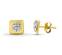Pendientes Oro Bicolor 9k cuadrados de 6.5 mm. con circonitas en el centro