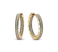 PANDORA Signature Pendientes de aro con logotipo chapados en oro de 14 quilates con circonitas cúbicas transparentes