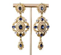 Pendientes para Mujer con Textura en Relieve Estilo Palacio Retro Pendientes Colgantes con Incrustaciones de Diamantes (Azul)