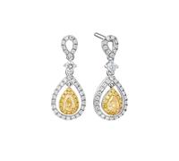 Pendientes para mujer, oro blanco, pendientes de botón con colgante de gota hueca y diamante amarillo de 0,2 ct, Diamante amarillo Diamante blanco