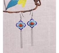 Pendientes para mujeres, pendientes de oído chino S925 Mujeres vintage Thai Burnt Blue Cloisonne Poner incrustaciones Southern Red Agate Tassel Pendientes