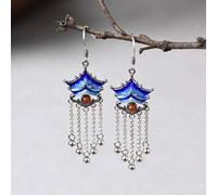 Pendientes para mujeres, pendientes de oído chino S925 Vintage Cloisonne Anciente Jianguo Ruyi Longmen Sur Red Agate Mujer Temperamento Hanfu Pendientes
