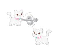 Pendientes para niño gato blanco con lazo rosa y verde de plata 925 hipoalergénicos - Cierres de tornillo seguros, sin níquel ni plomo, joyas lindas para niña - Idea de regalo de Navidad o cumpleaños