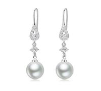 Pendientes, Pendiente Colgante Plata Zirconia Cúbica Gota De Agua Con Perla 48X10mm para Mujer Cumpleaños Joyería, Goutte d'eau en cuivre avec perle de forme ronde, Cobre, Circonia cúbica