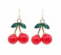 Pendientes pequeños de cristal de cereza, chapados en oro, hechos a mano, con diseño de frutas rojas en 3D, hoja verde, diamantes de imitación, circonita cubia, aretes de tuerca para mujer, cumpleaños