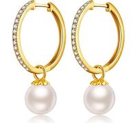 Pendientes Perla Mujer Plata de Ley 925 Blancos Perlas Pendientes Aro Colgantes Perlas Circonita Cúbica Regalos de Joyería para Madre y Esposa Novias Bañado en Oro