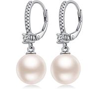 Pendientes Perla Mujer Plata de Ley 925 Blancos Perlas Pendientes Colgantes Leverback Perlas Circonita Cúbica Regalos de Joyería para Madre y Esposa Novias 10 mm