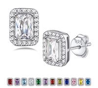 Pendientes Rectángulo de Plata de Ley 925, Pendientes Piedras Nacimientos de Circonita Blanca Abril, Pendientes de Mujer con Circonita Cúbica Pequeña, Pendientes Elegante para Regalo de Mujer