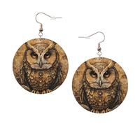 Pendientes redondos con diseño de búho para mujer, 1 par de aretes perforados de cuero ligero, joyería de moda para mujeres y niñas, One Size, Poliéster