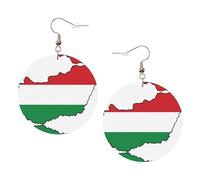 Pendientes redondos con diseño de mapa de la bandera de Hungría para mujer, 1 par de aretes perforados de cuero ligero, joyería de moda para mujeres y niñas, One Size, Poliéster