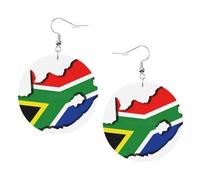 Pendientes redondos con diseño de mapa de la bandera de Sudáfrica para mujer, 1 par de aretes perforados de cuero ligero, joyería de moda para mujeres y niñas, One Size, Poliéster