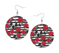Pendientes redondos con diseño de rayas blancas y negras y rosas rojas para mujer, 1 par de aretes perforados de cuero ligero, regalos de joyería de moda para mujeres y niñas, One Size, Poliéster