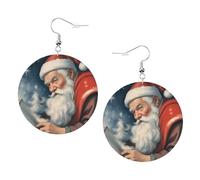 Pendientes redondos con estampado de Papá Noel para mujer, 1 par de aretes perforados de cuero ligero, joyería de moda para mujeres y niñas, One Size, Poliéster