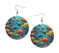 Pendientes redondos con estampado de peces coloridos para mujer, 1 par de aretes perforados de cuero ligero, joyería de moda para mujeres y niñas, One Size, Poliéster