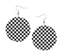Pendientes redondos de cuero a cuadros en blanco y negro, elegantes y hermosos, ligeros, colgantes para mujeres y niñas