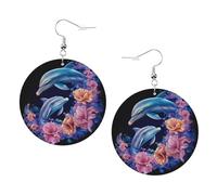 Pendientes redondos de piel con diseño de delfines azules y flores rosas, de doble cara, con ganchos chapados en plata 925, talla única, plata de ley, piedra dorada, One Size, Plata de ley, Piedra