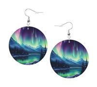 Pendientes redondos de piel con imagen de auroras boreales, elegantes y hermosos, ligeros, colgantes para mujeres y niñas