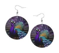 Pendientes redondos de piel sintética, aretes de moda, bonitos aretes colgantes con estampado de pavo real morado