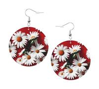 Pendientes redondos de piel sintética, aretes de moda, bonitos aretes colgantes de flor roja y margarita blanca