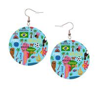 Pendientes redondos impresos con mapa de América del Sur con iconos para mujer, 1 par de aretes perforados de cuero ligero, joyería de moda para mujeres y niñas, One Size, Poliéster