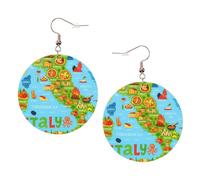 Pendientes redondos impresos con mapa de Italia con iconos de comida para mujer, 1 par de aretes perforados de cuero ligero, joyería de moda para mujeres y niñas, One Size, Poliéster