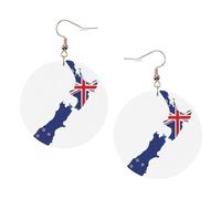 Pendientes redondos impresos con mapa de la bandera de Nueva Zelanda para mujer, 1 par de aretes perforados de cuero ligero, joyería de moda para mujeres y niñas, One Size, Poliéster