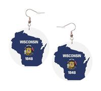 Pendientes redondos impresos con mapa de la bandera del estado de Wisconsin para mujer, 1 par de aretes perforados de cuero ligero, joyería de moda para mujeres y niñas, One Size, Poliéster
