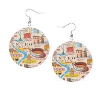 Pendientes redondos impresos con mapa de Roma con monumentos ilustres para mujer, 1 par de aretes perforados de cuero ligero, joyería de moda para mujeres y niñas, One Size, Poliéster