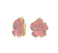 Pendientes Retro De Clip En Forma De Rosa Floral Con Borde De Cristal Esmaltado Rosa Para Mujeres Con Orejas No Perforadas Bañados En Oro De 14K