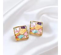 Pendientes retro de mosaico francés - Bloque de color geométrico de y cuadrado, adecuados para boda, festival, uso diario - Regalo moderno multicolor para un estilo versátil todo el año