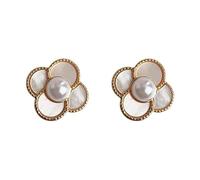 Pendientes tuerca, perlas nácar, trébol cuatro hojas para bodas y fiestas | Gold Four Petal Mother of Pearl Pearl Stud Earrings, Vintage Floral Jewelry for Women Gift