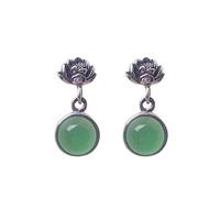Pendientes Vintage de Calcedonia Verde S925 Plata Estilo Chino Lotus Stud Pendientes para Mamá Regalo Moda Pendientes Cortos Como Se Muestra, Plata 925, LJBLEUSK