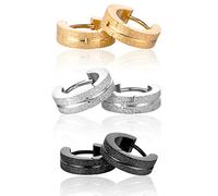 Pendientes Yumilok de acero inoxidable mate, de aro, hipoalergénicos, joyas para mujer, hombre o niños, 3 pares (negro, dorado, lateado)