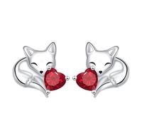 Pendientes Zorro para Mujeres, Plata Zorro Abrazado de Botón con Corazón Cristal Rojo, Joyería Animal Caprichosa 13mm Ligera 3.03g, Pequeño Regalo