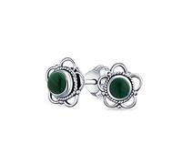 Pendientesboton Estilo Bali Pequeña Flor Redonda Abierta Verde Bosque Malaquita Oxidada .925 Plata De Ley Para Mujer