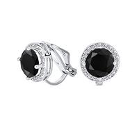 Pendientesclip Boton 2Ct Brilliant Cut Solitaire Round Cubic Zirconia Cz Simulated Black Onyx Silver Plated Brass