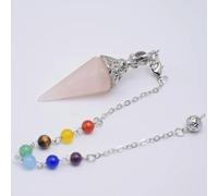 Péndulo de piedra natural para radiestesia, adivinación, cadena de cuentas redondas de 7 chakras, columna hexagonal, colgante de cono de color plateado, péndulo de Reiki