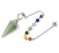 Péndulo de piedra natural para radiestesia, adivinación, cadena de cuentas redondas de 7 chakras, columna hexagonal, colgante de cono de color plateado, péndulo de Reiki