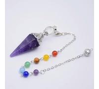 Péndulo de piedra natural para radiestesia, adivinación, cadena de cuentas redondas de 7 chakras, columna hexagonal, colgante de cono de color plateado, péndulo de Reiki