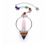 Péndulo de pirámide arcoíris hexagonal de muchos colores plateado para colgante de radiestesia con cadena de cuentas de piedra joyería-rosa cuarzo rosa_CHINA