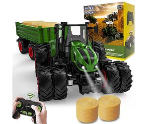 PENGBU RC Tractor controlado a distancia con control remoto, juguete para tractor a partir de 3, 4, 6 años, tractor controlado a distancia con control remoto, remolque y luz a partir de 3, 4, 6 años