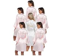 PENGEE Juego de 6 batas de satén para mujer, para boda, fiesta, novia, dama de honor, kimono, despedida de soltera, prepararse, bata de baño sedosa, Rosa y blanco, One Size