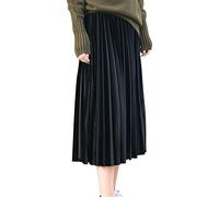 PengGeng Mujeres Falda Largo Terciopelo Stretch De Cintura Elástica Midi Falda Plisada Negro One Size