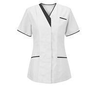 PengGengA Casaca médica para Mujer - Casaca Sanitaria de Cuello V con Solapa Blusa de Manga Corta (Blanco, 3XL)