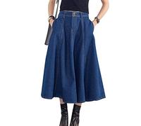 PengGengA Vaquero Largo Plisado Falda para Mujer Dama Elástico Cintura Falda Más El Tamaño del Faldas Acampanadas Falda Vaquera Azul Marino L